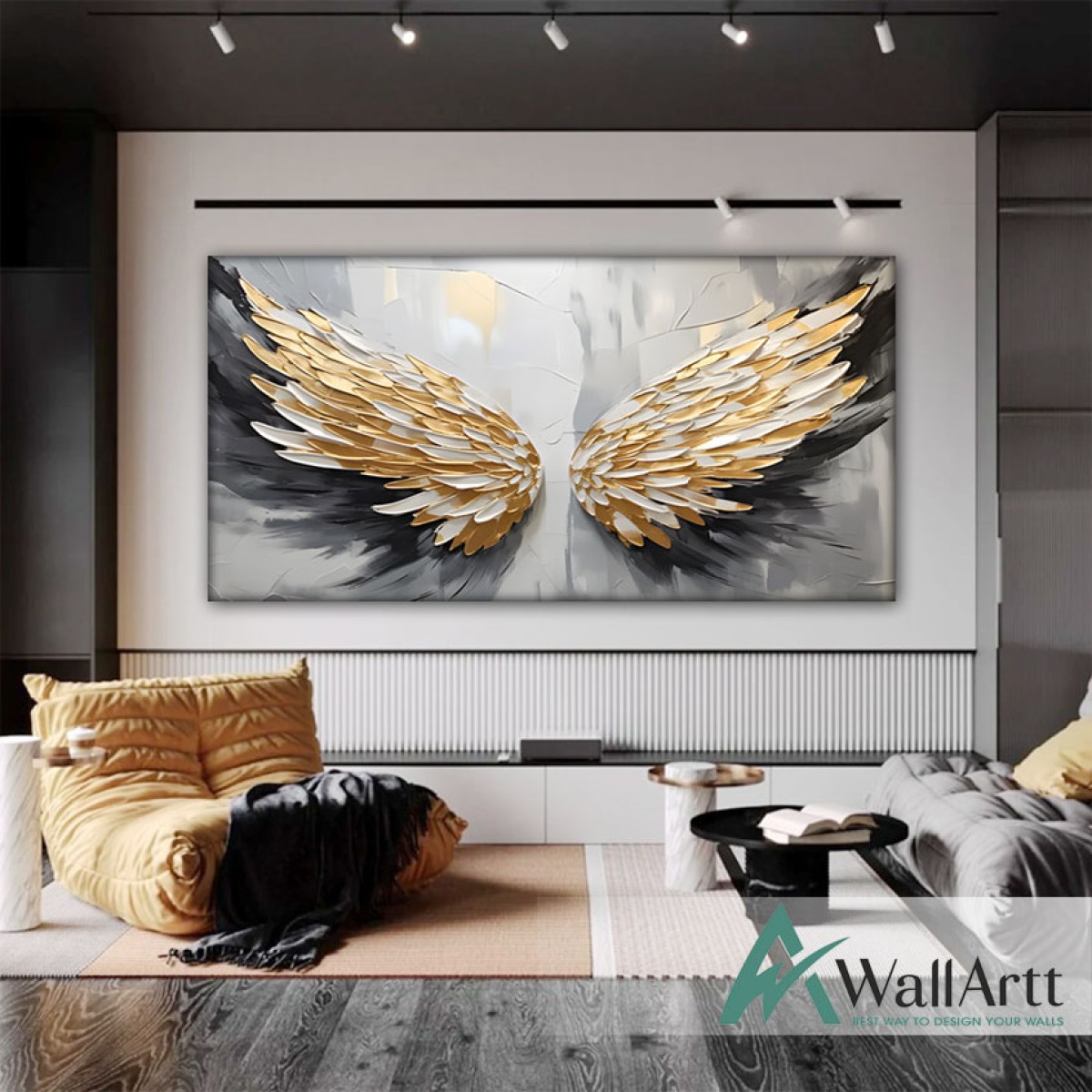 Abstract Gold Black Wings 3d Heavy Textured Partial Oil Painting